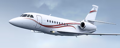 White private jet with red stripes flying in a cloudy sky.