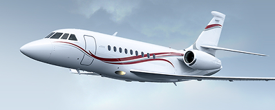 White private jet with red stripes flying in a cloudy sky.