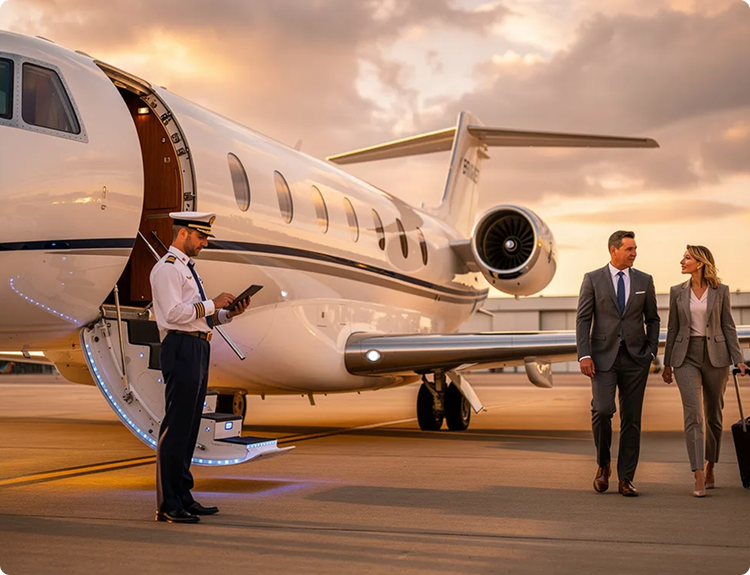 Pilot standing by private jet while two business professionals walk on tarmac at sunset.