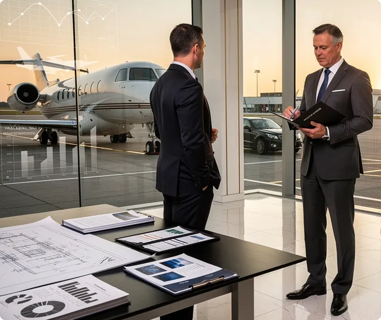 Two businessmen in suits discuss documents near a private jet inside an airport hangar.