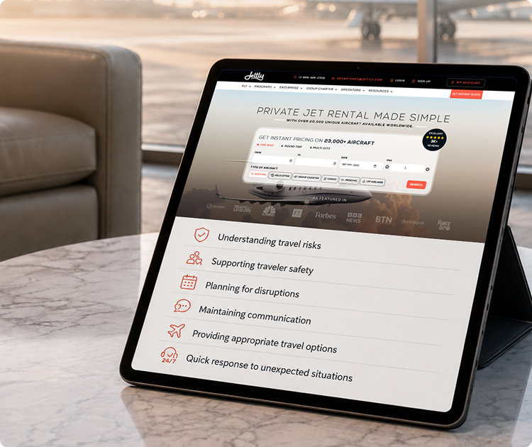 Tablet on marble table showing private jet rental site and travel safety features near airport lounge.