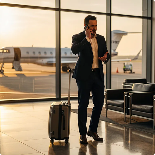 Businessman in suit talking on phone with suitcase at airport terminal near private jet.