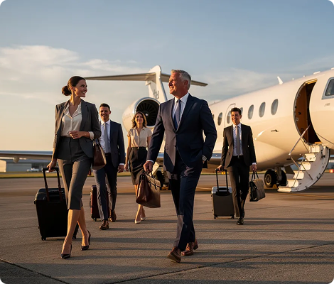 Group of business professionals walking on tarmac near a private jet with suitcases and briefcases.