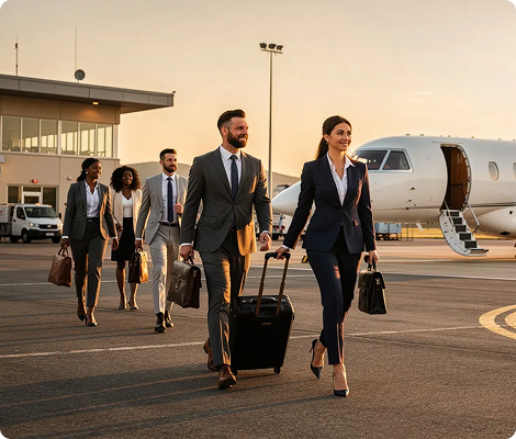 Business professionals walking on an airport tarmac toward a private jet during sunset.