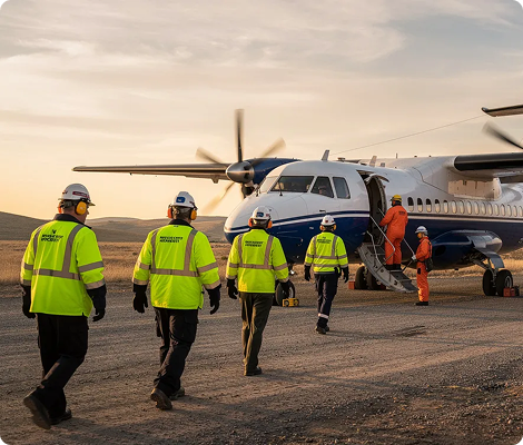 Workers in safety gear walk toward a small twin-propeller plane on a gravel runway at sunset.