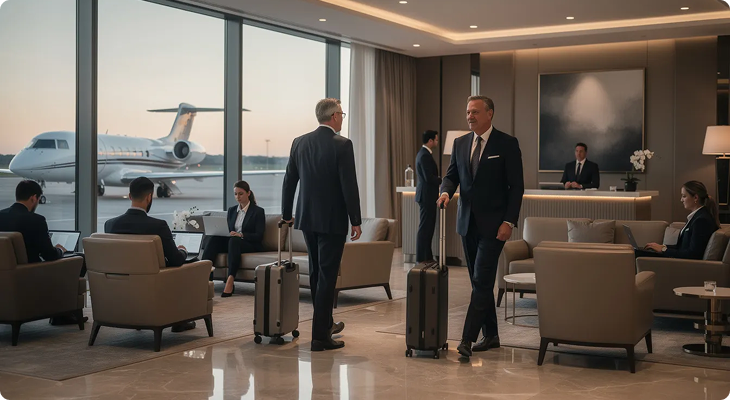 Two businessmen with luggage meet in an airport lounge with other seated travelers and a plane outside.