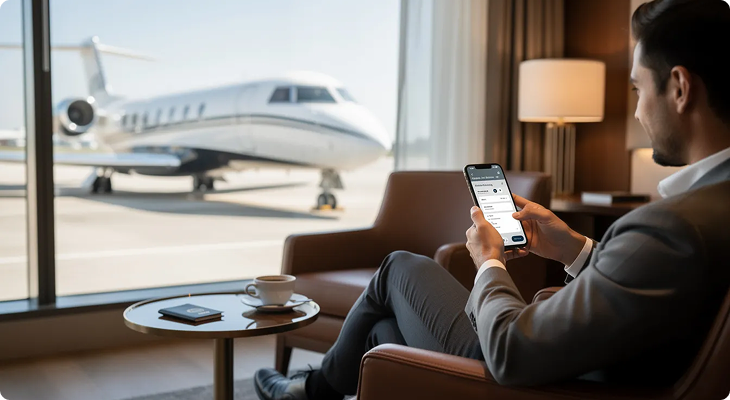 Man in suit seated in lounge by window, using smartphone, with private jet visible outside airport glass.