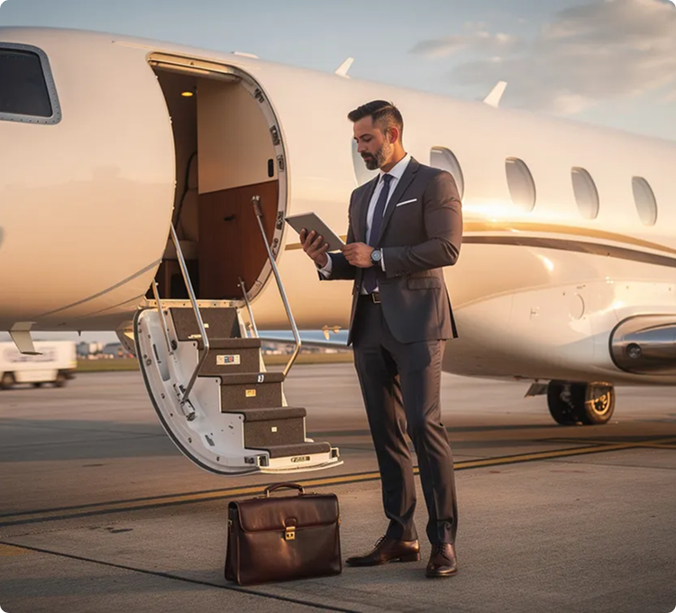 Man in suit standing by private jet stairs on runway, holding a tablet with briefcase on ground.