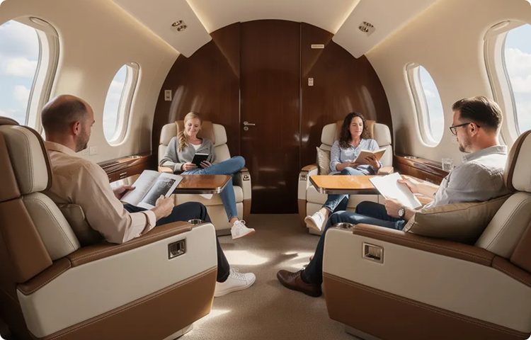 Four people seated in a private jet cabin, each reading a book or magazine.