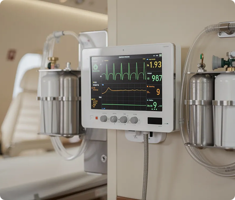 Medical monitor displaying vital signs including heart rate and oxygen saturation in a clinical setting.