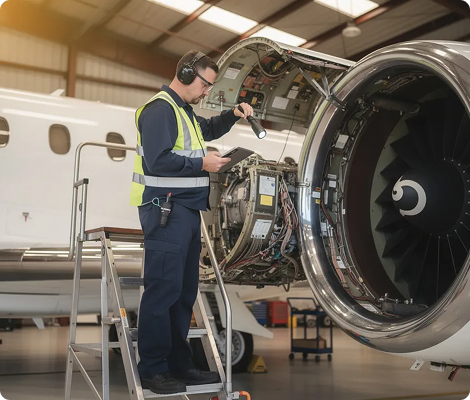 Technician inspecting an airplane engine with flashlight while standing on a ladder in a hangar.