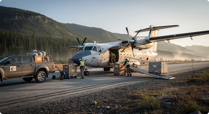 Two workers unload crates from a truck and load them onto a small propeller plane on a forest runway.