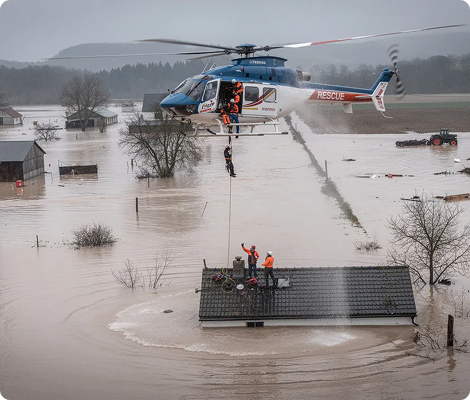 Rescue helicopter airlifts a person from a flooded house roof surrounded by floodwaters and trees.
