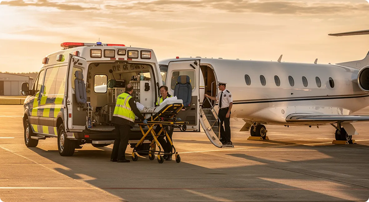 Medical team with stretcher transfers patient between ambulance and private jet at sunset on tarmac.