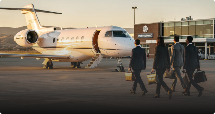 Four business professionals walking toward a private jet on an airport tarmac at sunset.