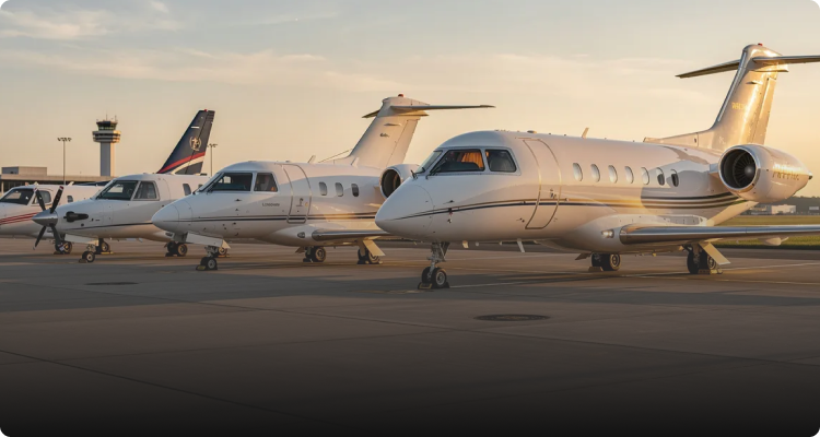 Row of four private jets parked on an airport tarmac at sunset with a control tower in the background.
