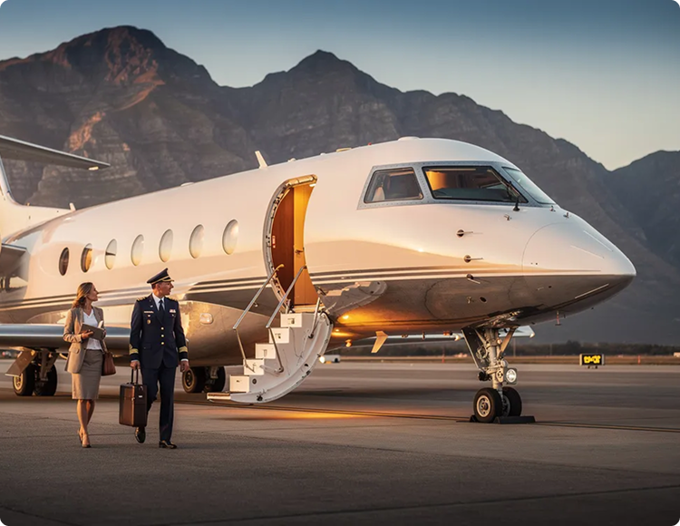 Pilot and woman walking away from a private jet on runway with mountains in the background at sunset.