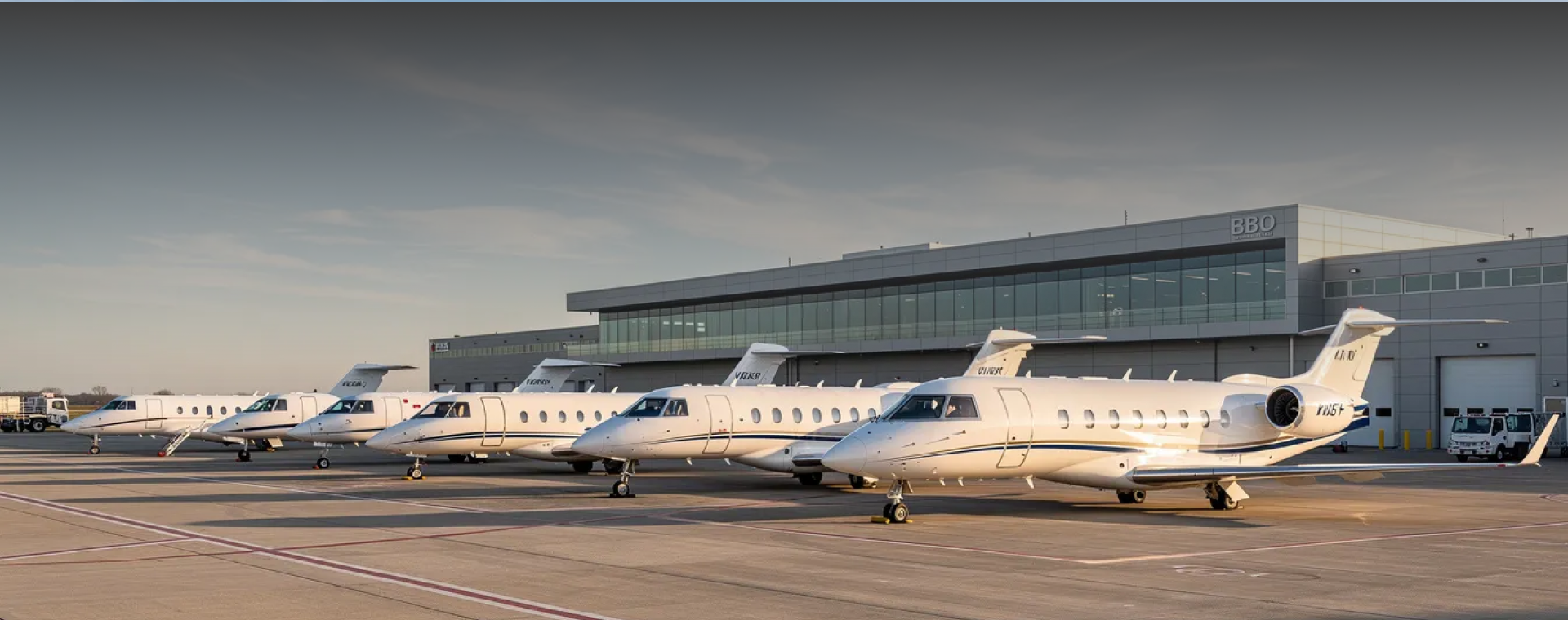 Row of six white private jets parked on an airport tarmac beside a modern terminal building.