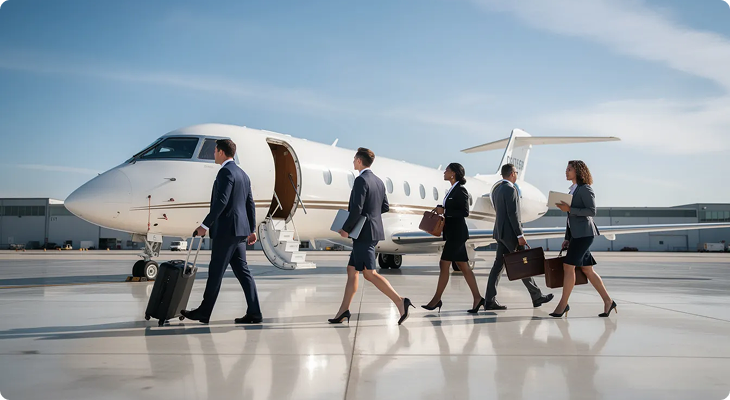 Businesspeople in formal attire walking on a tarmac toward a private jet under clear sky.