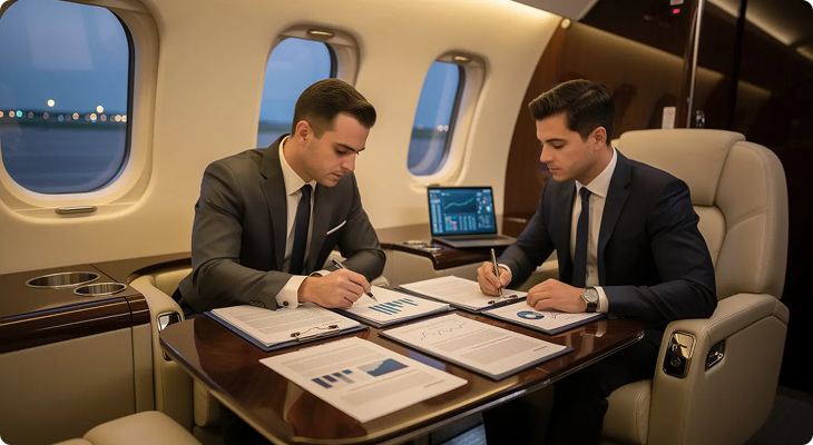 Two men in suits reviewing charts and documents at a table inside a private jet.