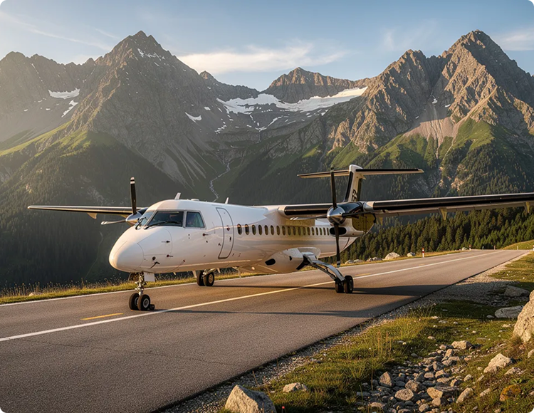 White propeller airplane parked on a mountain road with rugged peaks and forest in the background.