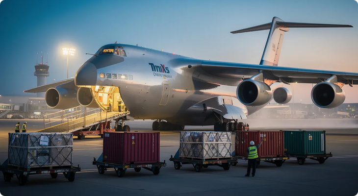 Cargo airplane with open ramp unloading freight containers on tarmac at dusk with workers nearby.