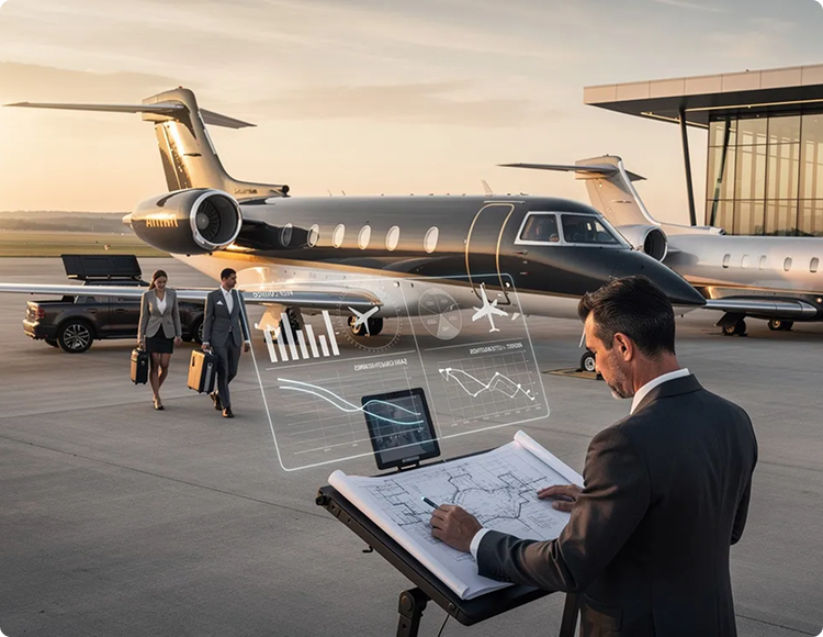 Businessman reviewing aviation charts on a digital display with private jets in the background.