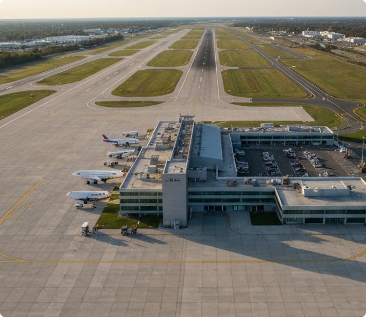 Aerial view of airport terminal with parked planes and runway stretching into the distance.