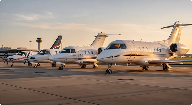 Four small private airplanes parked on an airport tarmac during sunset.