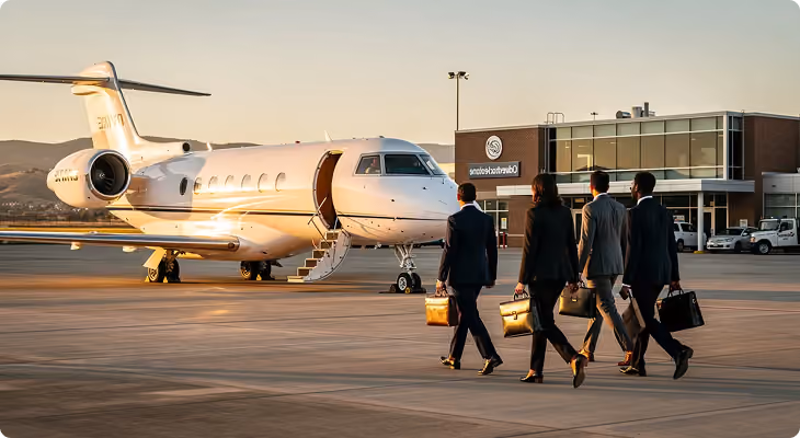 Four businesspeople walking toward a private jet on a sunlit airport tarmac carrying briefcases.