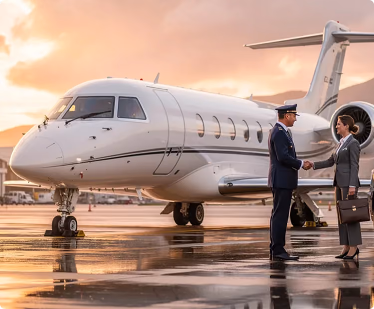 Man in pilot uniform shaking hands with woman in business suit by a private jet on wet tarmac at sunset.