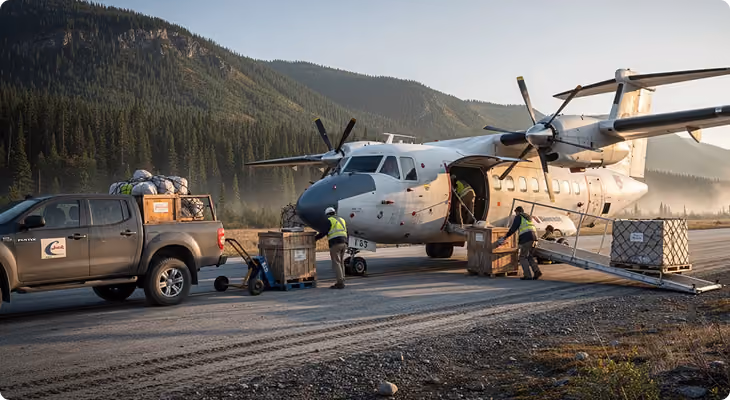 Workers unload wooden crates from a small cargo airplane on a runway near forested mountains.