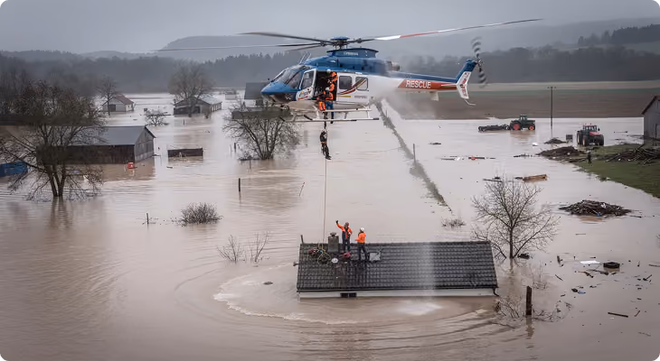 Rescue helicopter lowers a person on a rope to flood victims stranded on a roof surrounded by floodwater.