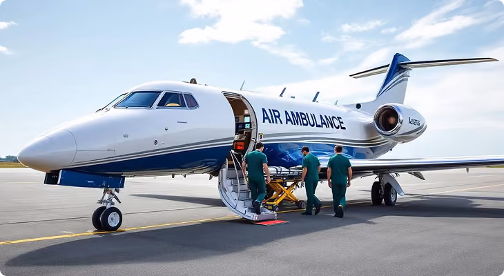 Three paramedics loading a stretcher into an air ambulance jet on a sunny runway.