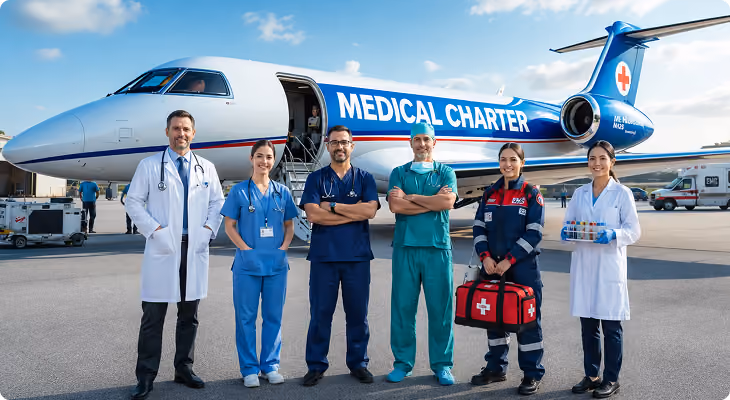 Six medical professionals standing in front of a medical charter airplane on tarmac.
