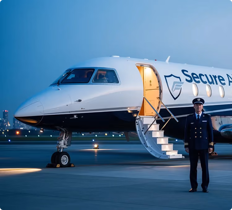 Private jet with open stairs and pilot standing on tarmac at dusk near Secure Air logo.
