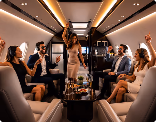 Five people in formal wear enjoying drinks and dancing inside a private jet cabin.