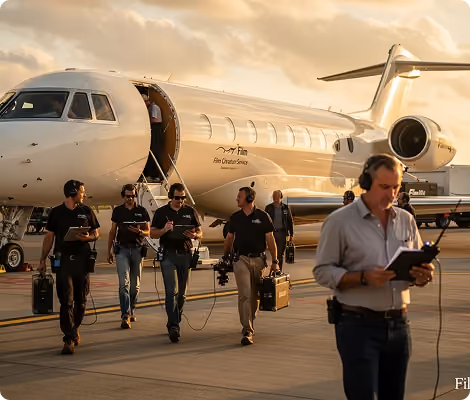 Crew members with equipment walk on tarmac beside a private jet during sunset.