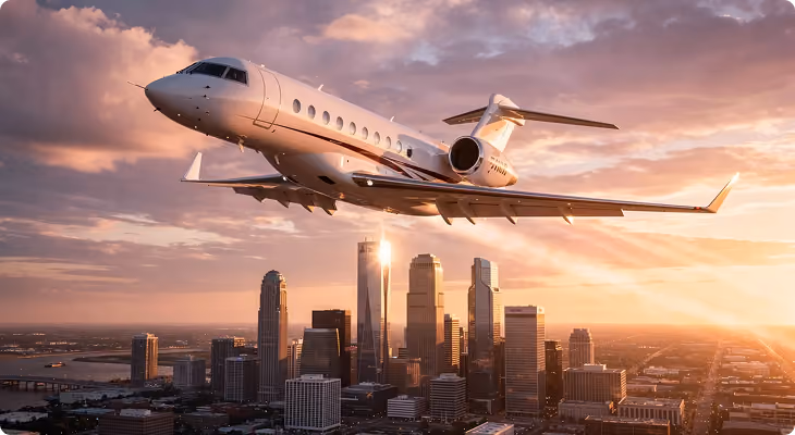 Private jet flying over city skyline at sunset with warm light and clouds.