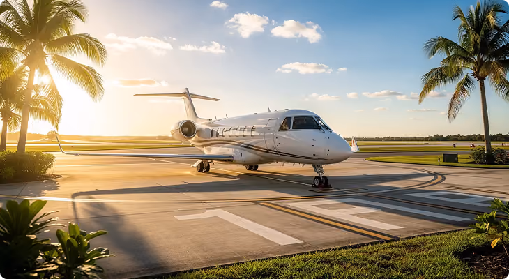 Private jet parked on tarmac at sunrise with palm trees and a clear sky.