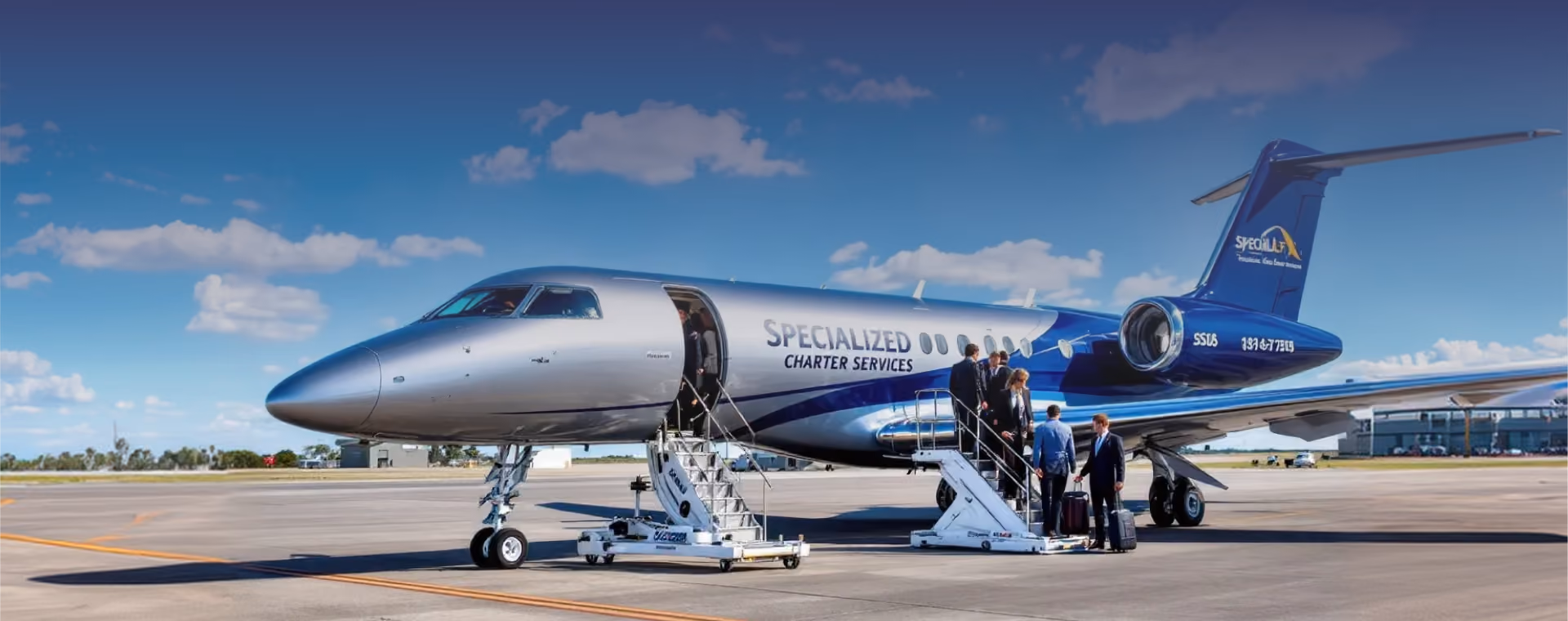 Silver and blue private jet on tarmac with passengers boarding under clear blue sky.