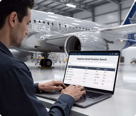 Man in a hangar using laptop showing airplane serial number search with aircraft data displayed.