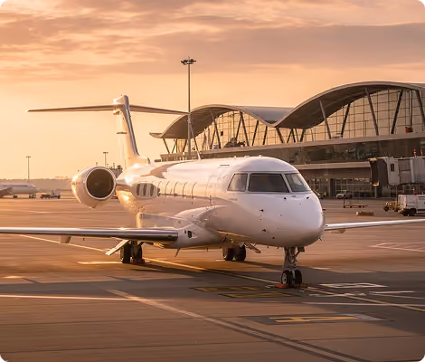 Private jet parked on airport tarmac near terminal building at sunset.