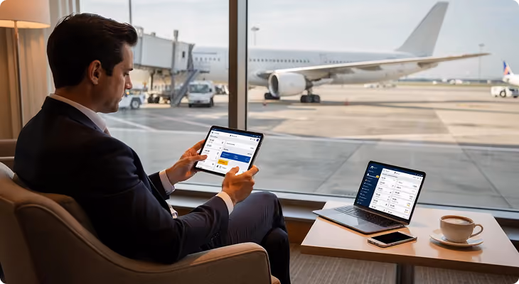 Man in suit using tablet and laptop with flight booking screens near airport window with airplane outside.