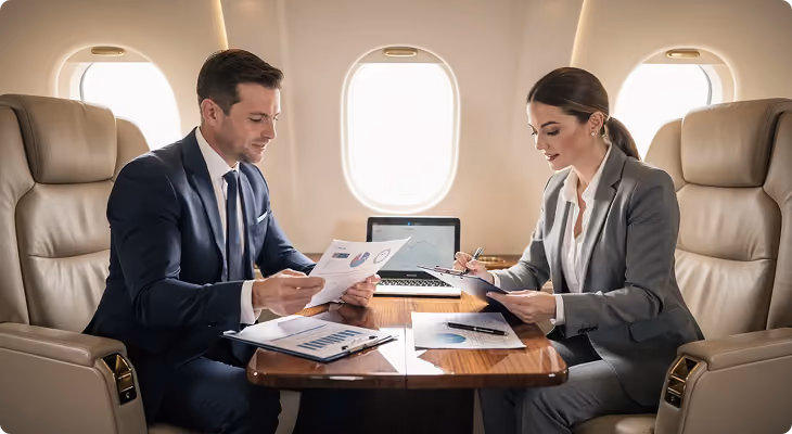 Businessman and businesswoman reviewing charts and graphs inside a private jet cabin.