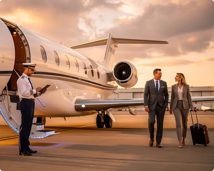A pilot stands by a private jet door while a man and woman in business attire walk with a suitcase.