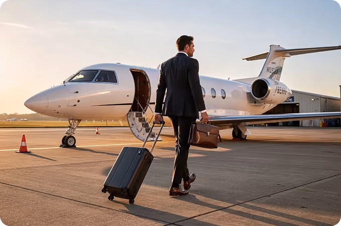 Businessman in a suit walking with suitcase and briefcase toward a private jet on the tarmac at sunset.