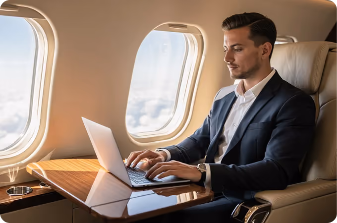 Man in a suit working on a laptop inside an airplane cabin by the window.