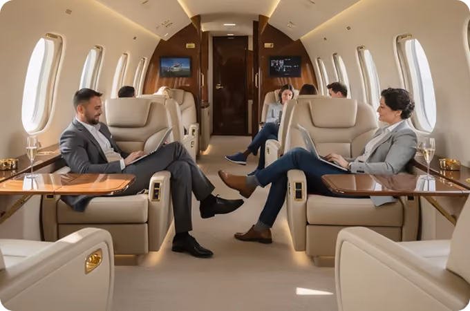 Two people in business attire working on laptops inside a luxurious private jet cabin.