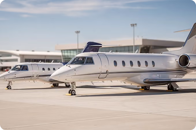 Two white private jets parked on an airport tarmac with a terminal building in the background.